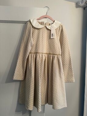 Janie and Jack Cream Textured Long-Sleeve Dress with White Peter Pan Collar
